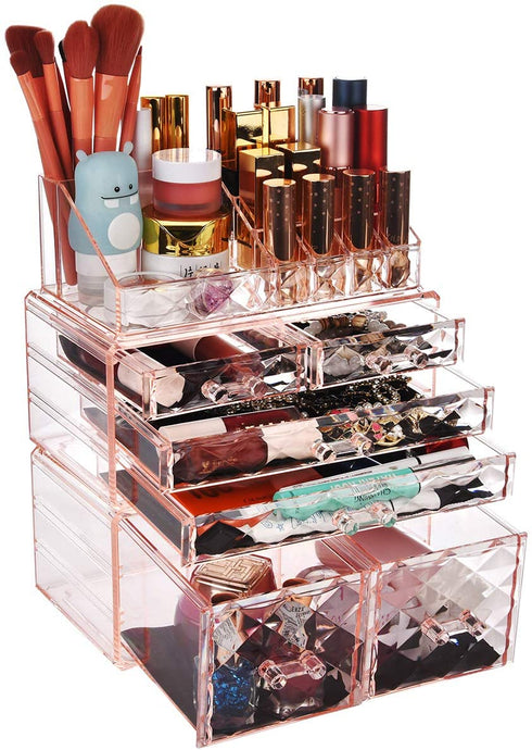 ZHIAI Makeup Organizer Acrylic Cosmetic Storage Drawers and Jewelry Display Box Transparent (Style A(Pink Diamond): 1 Top, 2 Small, 2 Large, 2 Square Drawers)