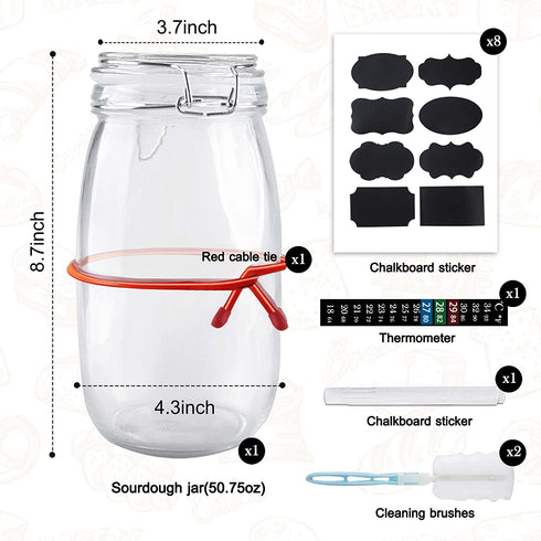 Sourdough Starter Jar Kit, 50 Oz DIY Sourdough Starter Jar with Thermometer, Chalkboard Marker, Sticker, Cable Tie, Brushes - Reusable Sourdough Jar Kit, Use for Home Bakery & Dry Food Storage