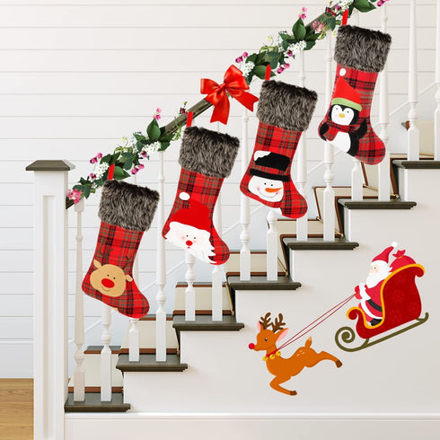 Aitbay Christmas Stockings, 4 Pack 18" Big Xmas Stockings, Burlap Plaid Style with Penguin Santa Snowman Reindeer and Plush Faux Fur Cuff Family Pack Stockings for Xmas Holiday Party Decor