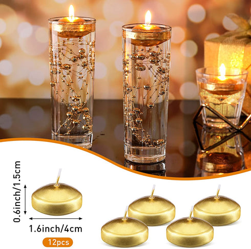 Artificial Pearl String for Floating Candles,12 Unscented Floating Candles for Centerpiece,33 Feet Faux Pearl Filler Vase Filling for Wedding Dinning Table Holiday Party Pool Christmas Decor (Gold)