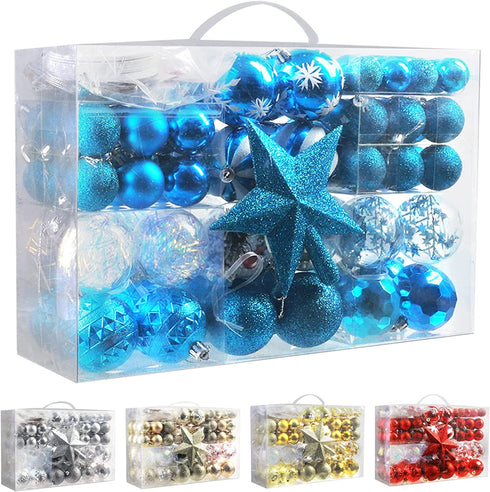 Poshlr Christmas Ball Decorations Set of 145 Pcs, with Round Ornaments, Tree Topper, Clear Balls and More, Best Gifts Ideas for Family and Friends (Blue)