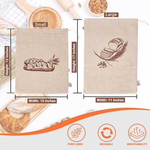 K&S Easy Shop Bread Bags for Homemade Bread Pack of 6 Linen Bread Bag for Bread, Vegetables, Fresh Bread Storage & Baguettes Storage 3 Small & 3 Large Bread Storage Bags Reusable Canvas Bags