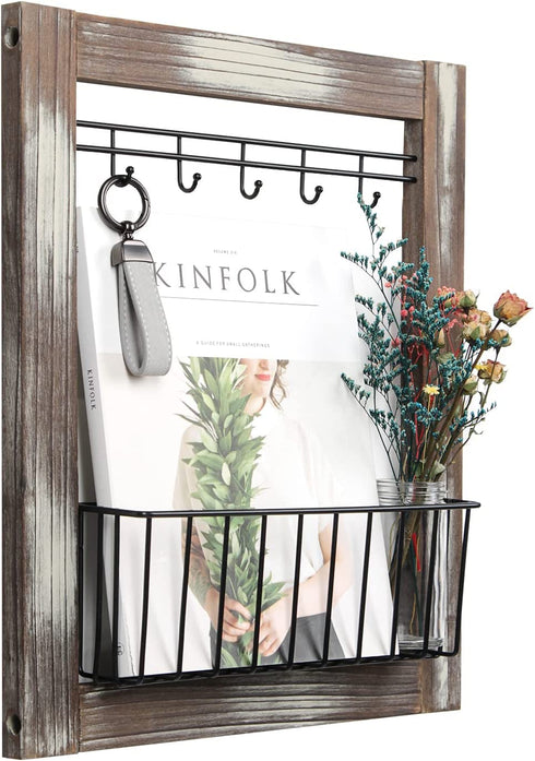J JACKCUBE DESIGN Wall Mounted Rustic Wood Mail and Key Holder, Entryway Mail Storage Floating Organizer with 5 Key Hooks for Hallway Front Door Living Room Garage Office - MK641A