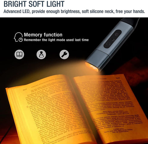 Vekkia Rechargeable-Neck-Reading-Light-Amber,Book-Light for Reading in Bed,3 Colors,8LED,Adjustable Brightness Levels,Bendable Arms,Long Lasting.Perfect for Bookworms.