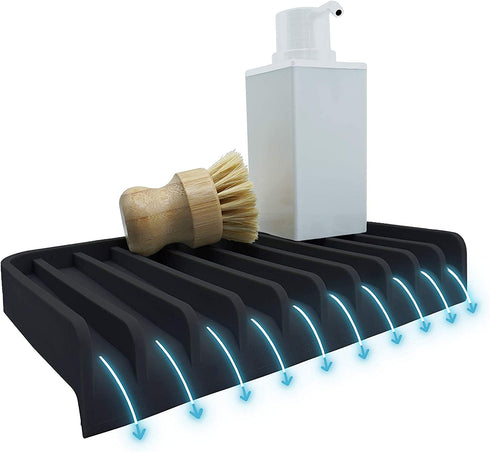 EFFILOGIC Silicone Sponge Holder Tray - Self Draining Kitchen Soap Tray Unique Kitchen Sink Organizer for Dishwashing Accessories Faucet Splash Catcher for Sink - Large 9.8" x 5.8" Black