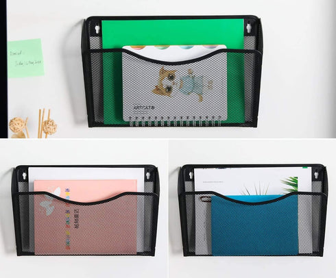 EasyPAG Hanging File Organizer Mesh 3 Single Pockets Wall File Holder Office Document Magazine Folder Rack ,Black