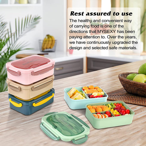 Bento Lunch Box for Kids and Adults with 3 Compartment Leak Proof Lunch Boxes for Men Women Food Containers with Spoon Fork Knife Chopsticks - 1400 ML (Green)