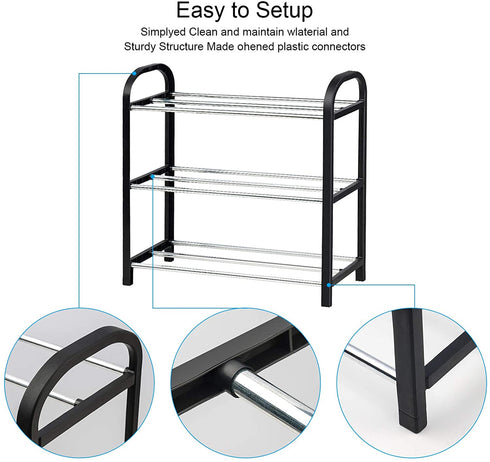 NiHome Shoe Rack Organizer Multipurpose 3-Tier Small Size Vertical Footwear Display Shelf Compact Sturdy Metal Frame Lightweight 6 Pairs for Closet Hallway Entryway Living Room Bedroom Attom (Black)
