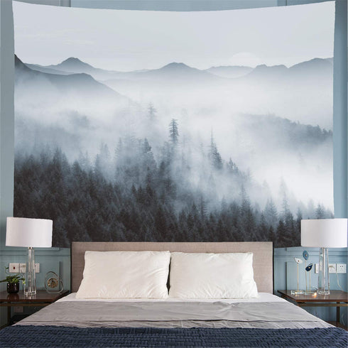 Heopapin Misty Forest Tapestry Forest Trees with Mountain Tapestry Black and White Fantastic Fog Magical Tapestry 3D Vision Nature Landscape Tapestry for Bedroom Living Room Dorm (W78.7 — H59.1)