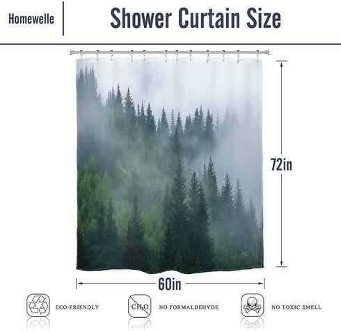 Homewelle Forest Shower Curtain Men 60Wx72H Foggy Mountain Pine Tree Woodsy Cloudy Masculine Landscape Green Nature Rustic Scenic Woodland Misty Rainforest Waterproof Polyester Fabric Bathroom Bathtub
