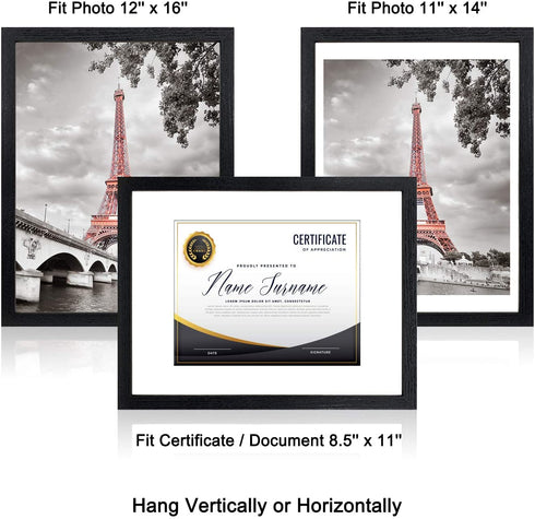 Luxdart 12x16 Frames with Mat to Display 11x14 Picture or 8.5x11 Photo 12 x 16 Black Solid Wood Picture Frame Wall Art for Living Room Wall Mount and Tabletop Decor(2 Mats)
