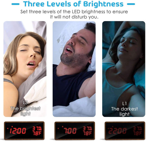 Wood Digital Alarm Clock for Bedrooms, Real Wood,Time Temperature Humidity, 3 Sets of Alarms, Adjustable Brightness