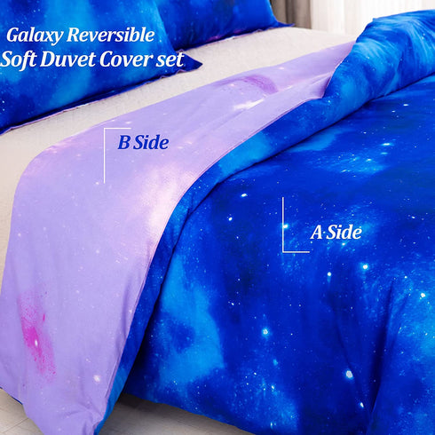 Galaxy Duvet Cover Queen Size, Blue Purple Reversible Duvet Cover Set Galaxy Star Comforter Cover with 2 Pillow Cases Breathable Microfiber Bedding Set for All Season 90"x90"