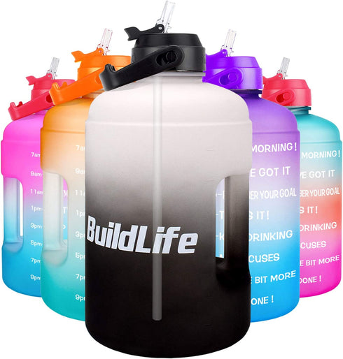 BuildLife 1 Gallon Water Bottle -Leakproof Straw Lid BPA Free Water Jug with Motivational Time Marker & Phone Holder Handle to Remind You Drink Enough Water Throughout The Day for Goals