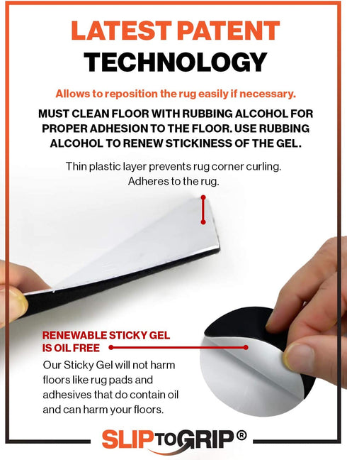 Hook and Loop Large Size Rug Corners - 4 Corner Pack Anti Slip Triangle Gripper - Easy to Lift, No Curling, Anti Skid - Reusable Gel Gripper for Hardwood Floors, Tiles, Hallaway Large Runner- Patented