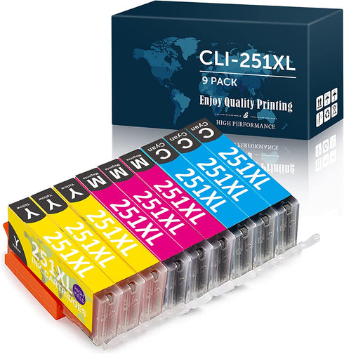 officewrod Compatible 251XL CLI251 Ink Cartridges Replacement for Canon 251 CLI-251XL (3 Yellow, 3 Cyan, Magenta, 9 Packs), Work with PIXMA MX922 MG7520 MG5520 MG5420 MG7120 color SK2503C-T2FW9745