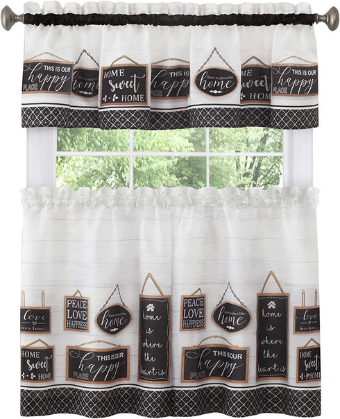 Achim Home Furnishings Modern Farmhouse Tier and Valance Window Curtain Set, 58" x 36", Black