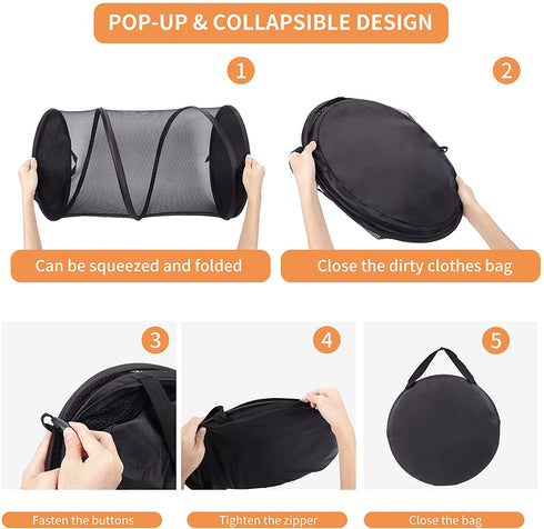 Portable Collapsible Popup Laundry Hamper, Foldable Mesh Round Laundry Basket with Reinforced Durable Handles, Large Clothes Hamper for Kids Room / College Dorm / Travel, Easy to Storage and Open
