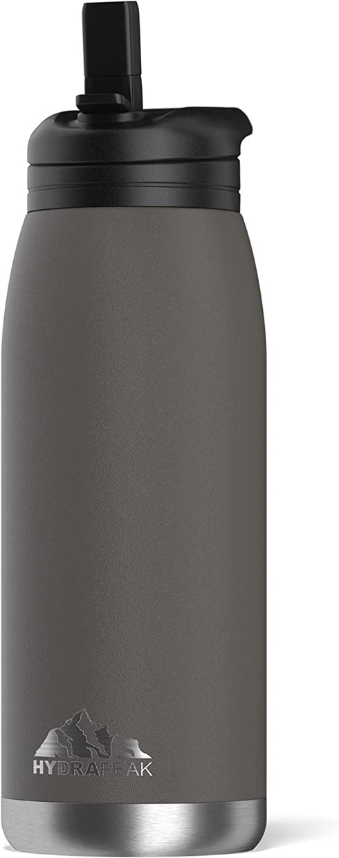 Hydrapeak Flow 32oz Insulated Water Bottle with Straw Lid | Double Wall Vacuum Insulated Stainless Steel Water Bottles, BPA-Free and Leak-Proof, Wide Mouth Flask with Bite Straw and Handle (Graphite)
