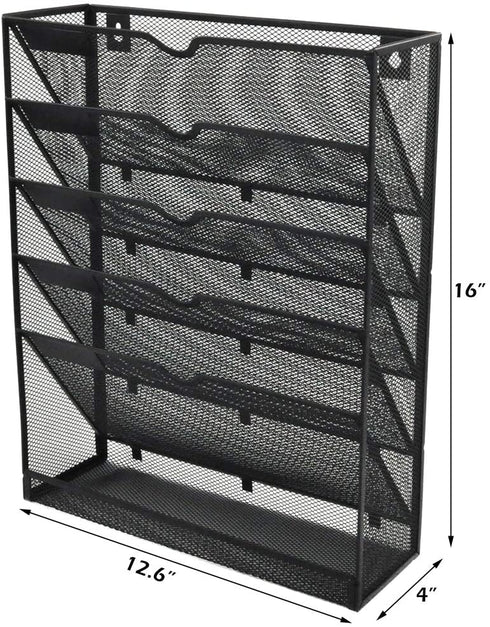 EASEPRES Mesh Wall File Organizer 5 Tier Vertical Mount Hanging Holder Magazine Rack with Bottom Flat Tray, Black