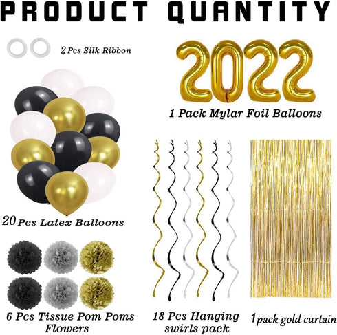 Graduation 2022 Party Supplies Black, Gold Happy Large Balloons Decorations Photo Backdrop and New Years Decor Accessories Kit Golden Fringe Curtain Glitter Banner with Pompoms Ornament Senior College