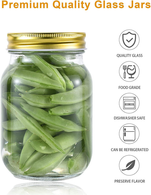 16 oz Mason Jars With Lids Regular Mouth 15 Pack-16 oz Glass Jars with Lids,Bulk Pint Clear Glass Jars For Meal Prep, Food Storage With 20 Labels (Gold Lids)