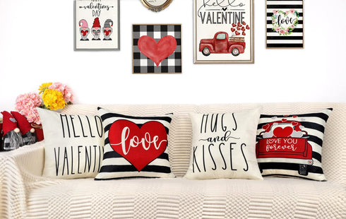 4TH Emotion Valentines Day Stripe Pillow Covers 18x18 Set of 4 Spring Farmhouse Decor Red Truck Love Hugs Kisses Holiday Decorations Throw Cushion Case for Home Decorations TH078