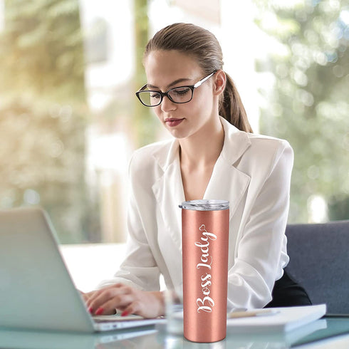 Boss Day Gifts, Boss Lady Skinny Tumbler, Christmas Birthday Boss Gifts for Women Boss Lady Female Coworkers Mom Manager Director Friends, 20 Oz Stainless Steel Insulated Tumbler with Lids, Rose Gold