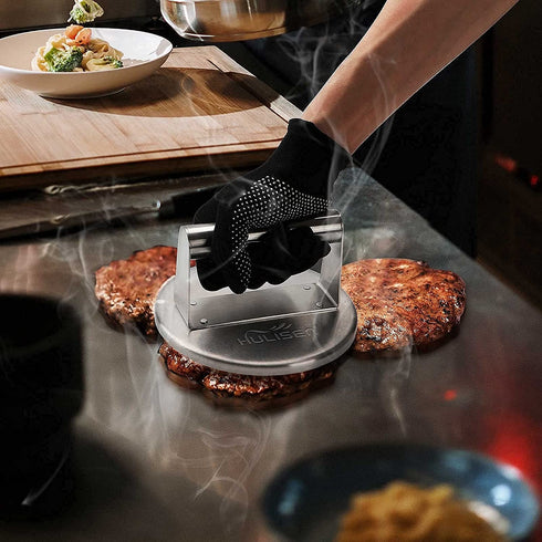 HULISEN Burger Press Hamburger Patty Maker, Stainless Steel Hamburger Press, 6 Inch Round Burger Smasher, Non Stick Grill Press for BBQ Flat Top Griddle Cooking, Griddle Accessories Kit, Gift Package