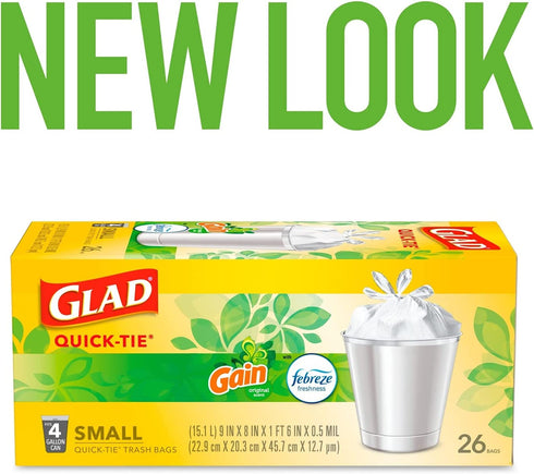 Glad Trash & Food Storage OdorShield Small Trash Bags, Gain Original & Febreze, 4 Gal, 26 Ct - Pack of 6 (Package May Vary) (COMINHKG128835)