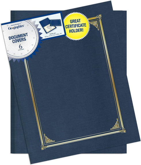 Geographics Classic Linen Certificate/Document Covers, 12.5? x 9.75?, Navy Blue (6 Pack)