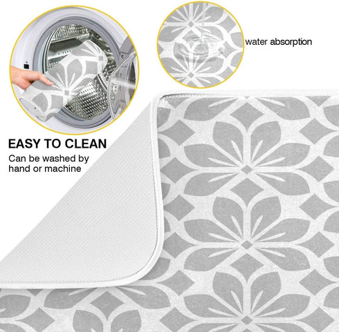 Grey and White Flowers Leaves Dish Drying Mat 18x24 for Kitchen Geometric Leaf Floral Pattern Gray Dishes Pad Dish Drainer Rack Mats Absorbent Fast Dry Kitchen Accessories
