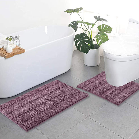 NICETOWN Bath Rugs Ultra Thick and Soft Texture Chenille Plush Striped Floor Mats Bath Rug with Non-Slip Backing Microfiber Hand Tufted Door Mat for Entryway (Mauve, Pack 2-20" x 32"/24" x 24" U)