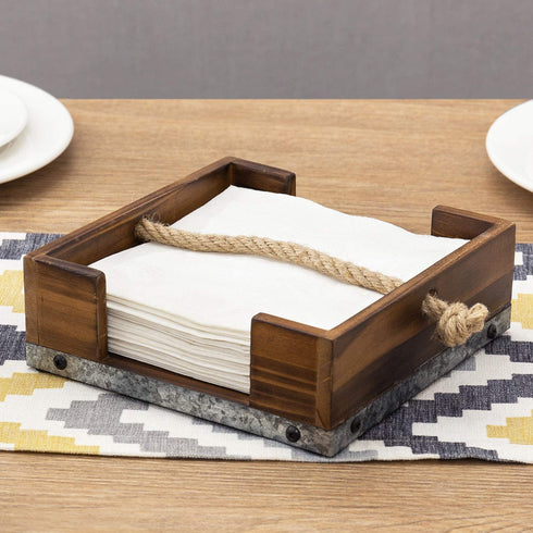 MyGift Rustic Dark Brown Burnt Wood & Galvanized Metal Kitchen Napkin Holder Dispenser Rack with Weighted Rope Rest Design
