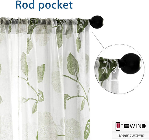 CUTEWIND 45 Inch Green Flower Leaves Print Linen Texture Semi Sheer Curtains Rod Pocket Living Room Basement Bedroom Window Luxury Retro Floral Printed Curtain 2 Panels