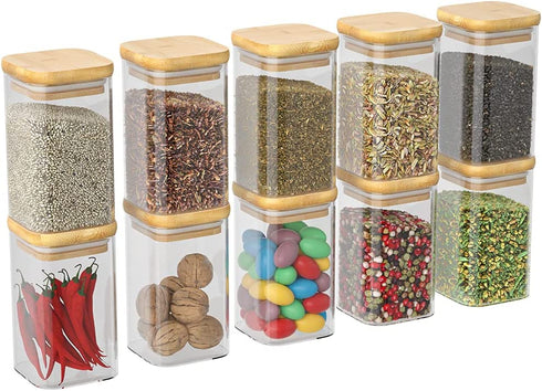 G.a HOMEFAVOR Glass Jars Set, Spice Jars with Bamboo Airtight Lids and Labels, 9.2oz 10 Pcs Small Food Storage Containers for Home Kitchen, Tea, Herbs, Sugar, Salt, Coffee, Herbs, Grains