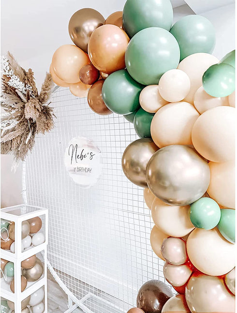 Sage Green Brown Balloon Garland Kit 140 Pcs, TOPLLON Safari Woodland Balloon Arch with Sage Green Dark Brown Beige Gold Matte Balloons for Baby Shower Safari Birthday Decorations