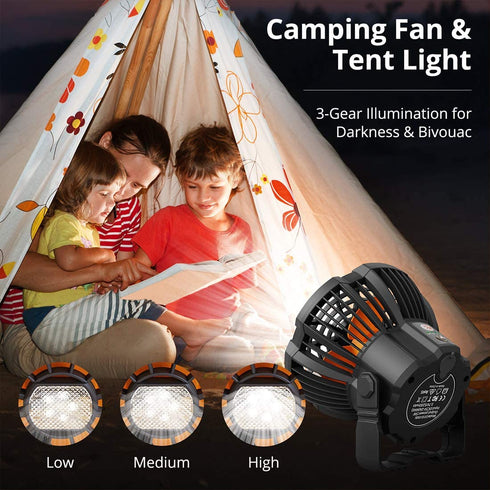Camping Fan with LED Lights for Tent, Camping Ceiling Fan with Light, VOLUEX Portable Mini USB Desk Fan with Hanging Hook 3 Speeds and Remote Control for Outdoor Camping Travel Home Office