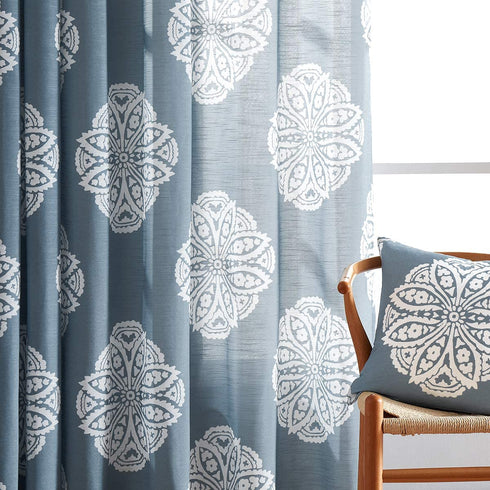 Treatmentex White and Blue Semi-Sheer Curtains for Living Room 84" Floral Medallion Print Window Panels Grommet Top 2 Pc