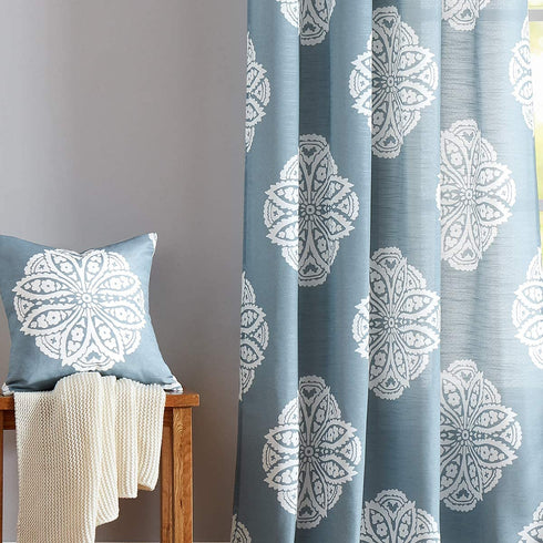 Treatmentex White and Blue Semi-Sheer Curtains for Living Room 84" Floral Medallion Print Window Panels Grommet Top 2 Pc