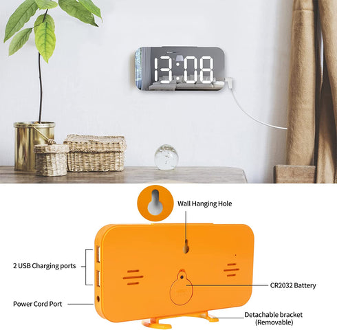 WulaWindy Digital Alarm Clock, Large Mirrored LED Display, with USB Charger, Snooze Function Dim Mode Wall Hanging Beside Desk Clock for Bedroom (Orange)
