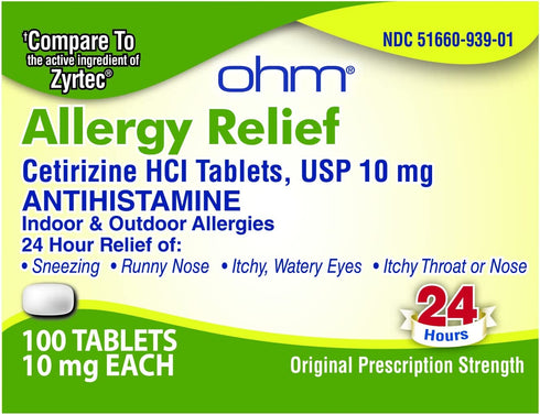 OHM 24-Hour Allergy Medicine (100-Count) Antihistamine for Pollen, Hay Fever, Dry, Itchy Eyes, Allergies | Cetirizine HCl 10mg Tablets