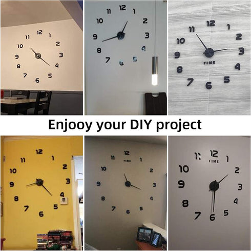 VREAONE Large Frameless DIY Wall Clock, Modern 3D Wall Clock Mute Mirror Stickers Living Room Wall Clock Decoration(Black)