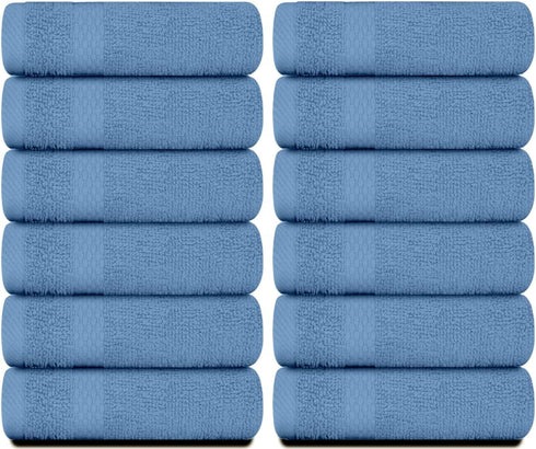 White Classic Luxury Cotton Washcloths - Large Hotel Spa Bathroom Face Towel | 12 Pack | Light Blue