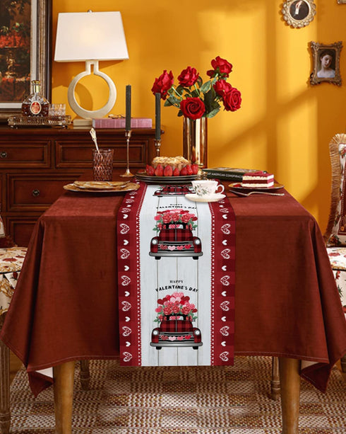 Rose Truck Valentines Day 108 Inches Long Table Runner for Dining Room, Rustic Wood Heart Cotton Linen Tablecloth Runners, Farmhouse Table Setting Decor for Wedding Party Holiday, Machine Washable.