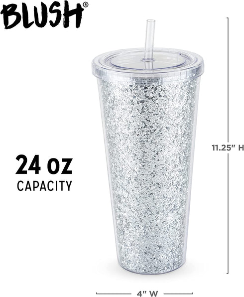 Blush Glam Silver Double Walled Glitter 24oz Tumbler Reusable Leak-Proof, Travel, Clear Plastic, Slim, Iced Coffee Cup with Silicone Seal, Screw-On-Lid, and Straw, 1 Count (Pack of 1)