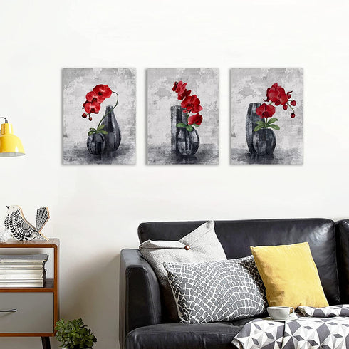 EBENG Flower Wall Decor for Living Room Bathroom Bedroom Kitchen Office Canvas Art Farmhouse Modern Framed Paintings Artwork Home Prints with Wood Fram Size 3 Pieces 12x16 in, Black and Red