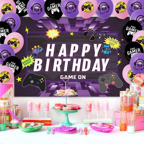 Video Game Birthday Party Decorations, Game On Birthday Party Supplies for Boys and Girls, Purple Gaming Themed Party Supplies, 52 Piece Gamer Birthday Decorations for Game Fans
