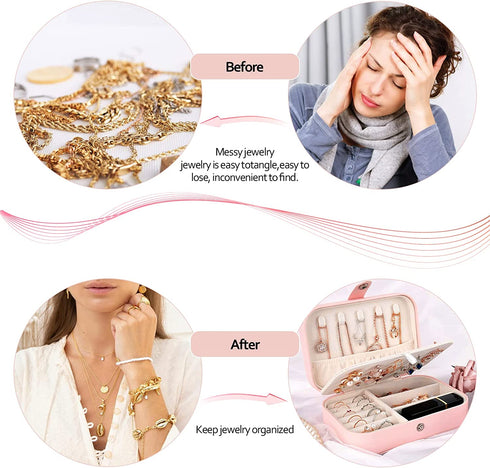 EEEKit 2 Pack Travel Jewelry Organizer Case, Portable Small Double Layer Jewelry Box for Traveling, PU Leather Jewelry Storage Boxes for Earrings Necklace Ring Bracelet Watch Bangle Display (Pink)