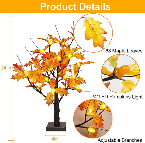 20-inch Fall Lighted Maple Tree, 24 Acorns LED Lights, Battery Operated Thanksgiving Table Decoration Tree, DIY Artificial Tree for Home Desktop Fireplace Autumn Harvest Tabletop Indoor Decor